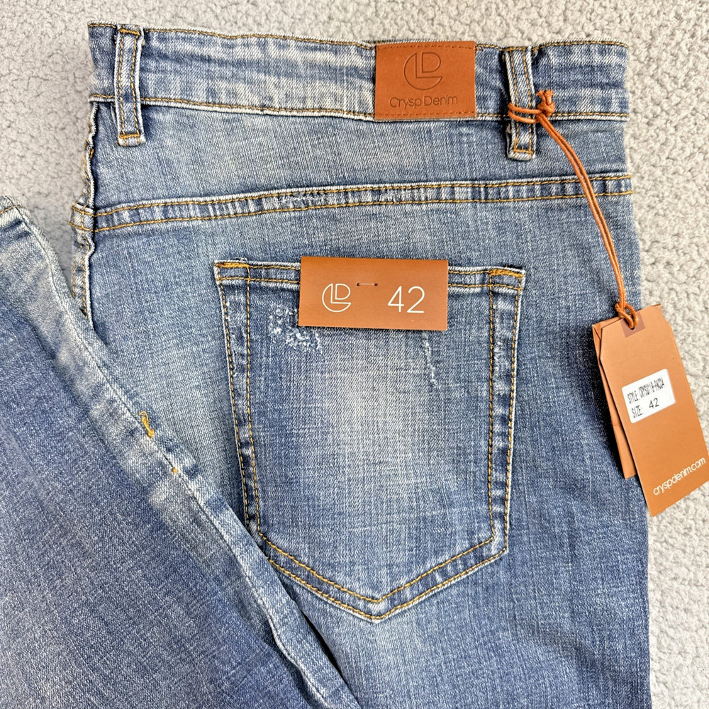 Crysp Denim Straight Leg w/Zipper Blue Jeans Size 42x33 Distressed
